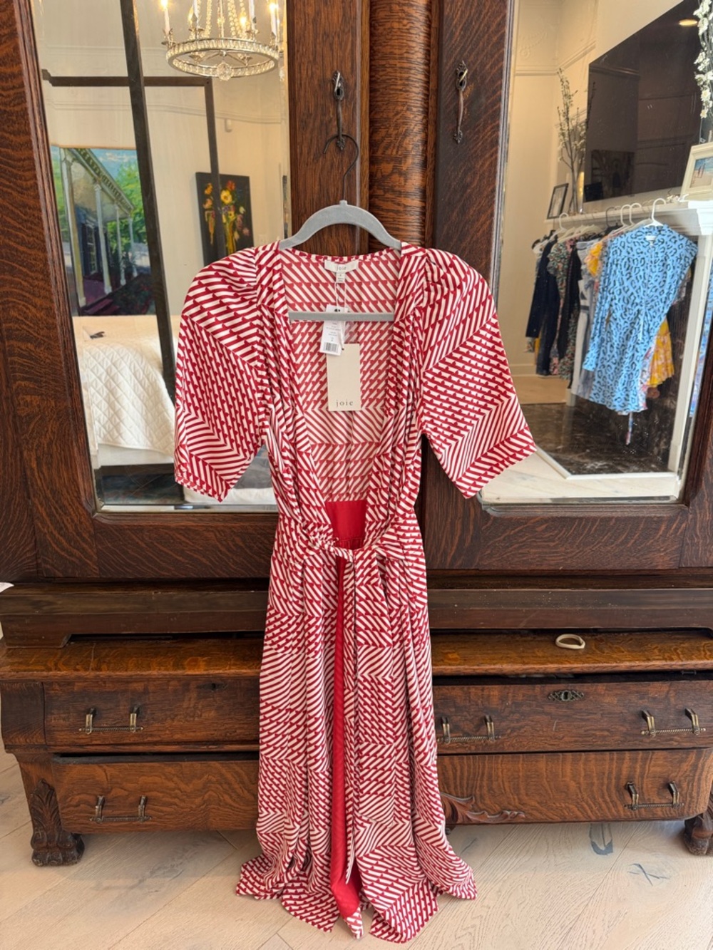 Joie Red and White Geometric Midi Wrap Dress